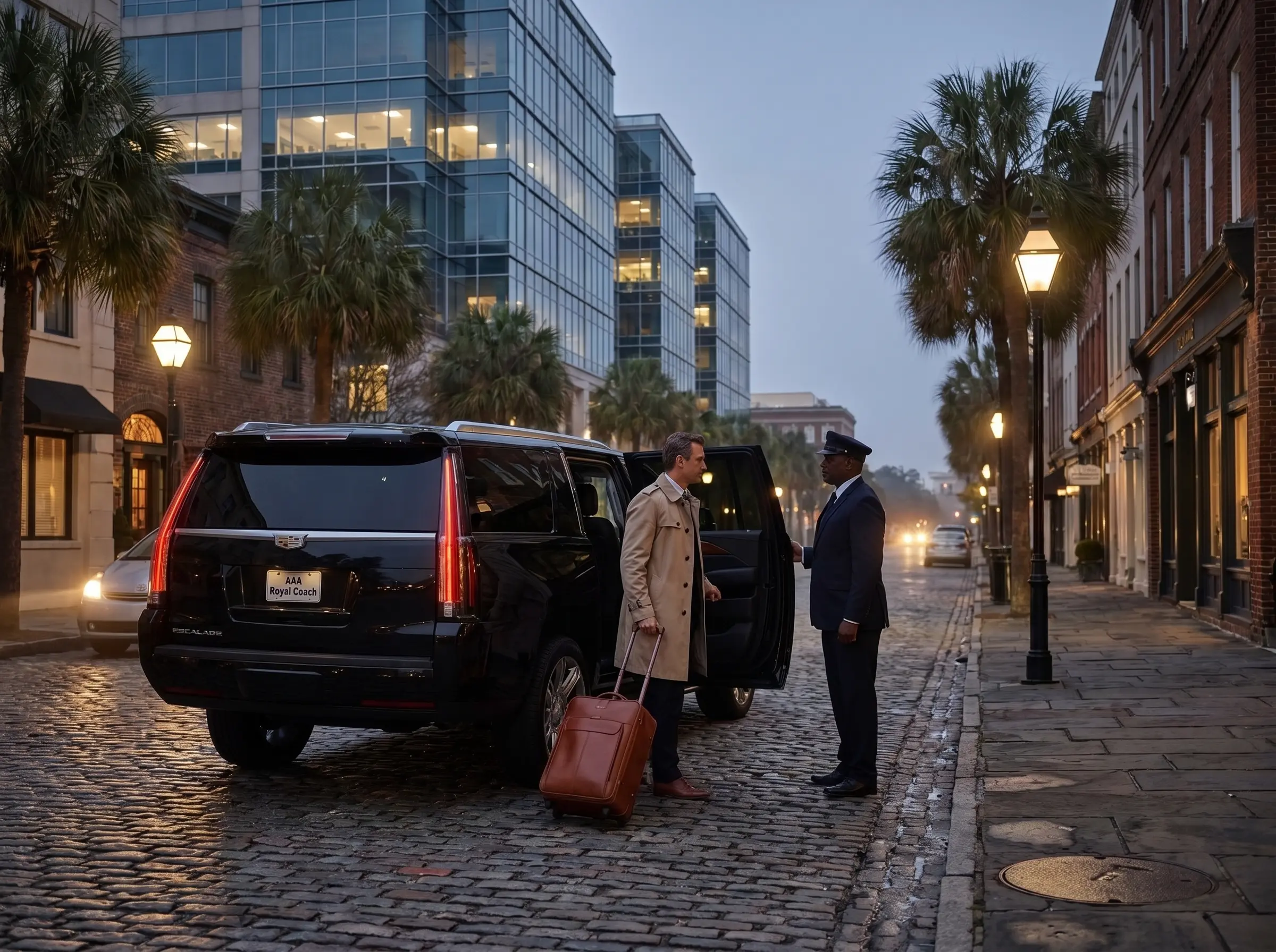 Business traveler with luggage boarding a chauffeured vehicle for an early flight from Charleston