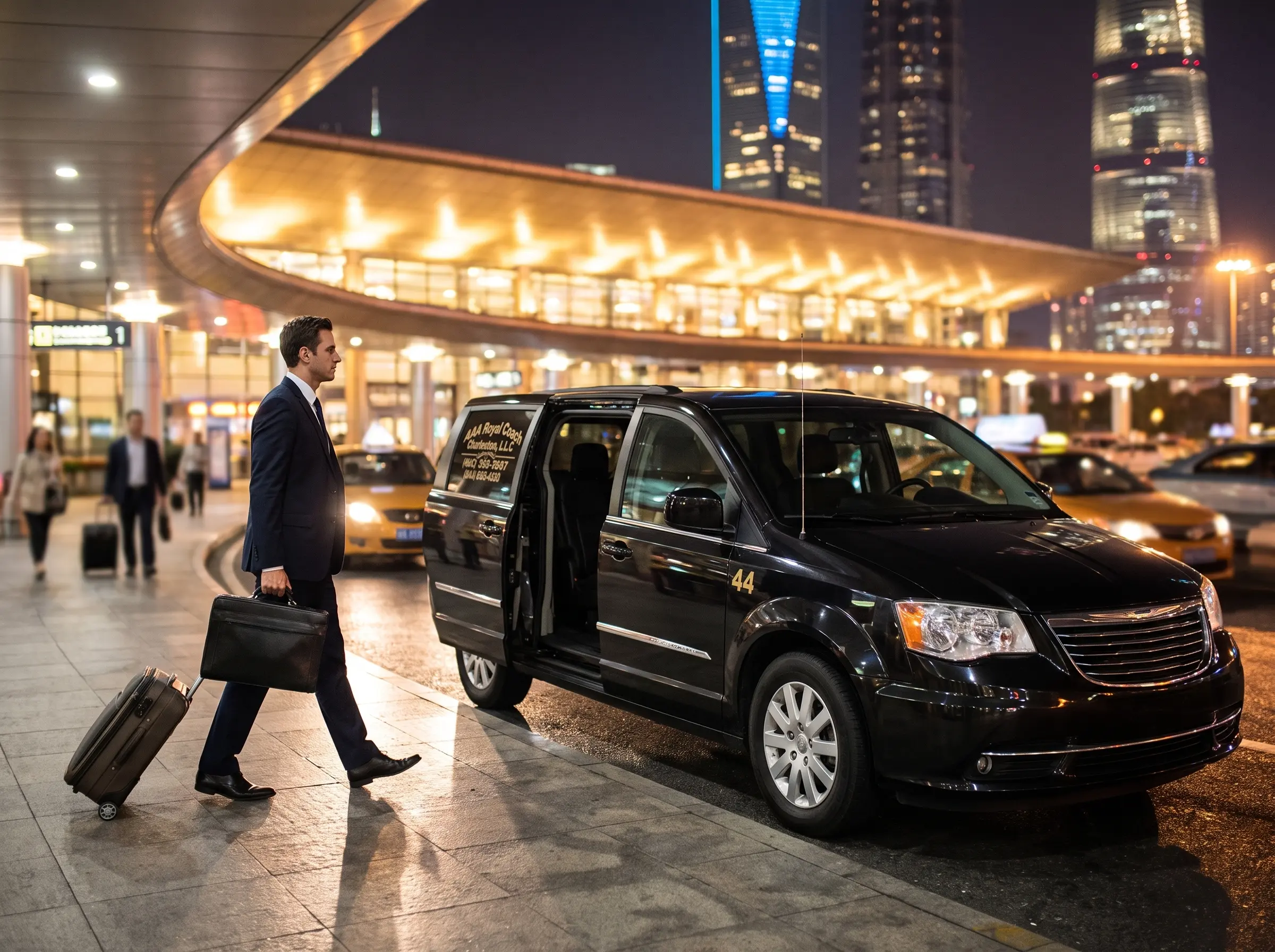 Business traveler arriving late at Charleston International Airport and meeting a chauffeur