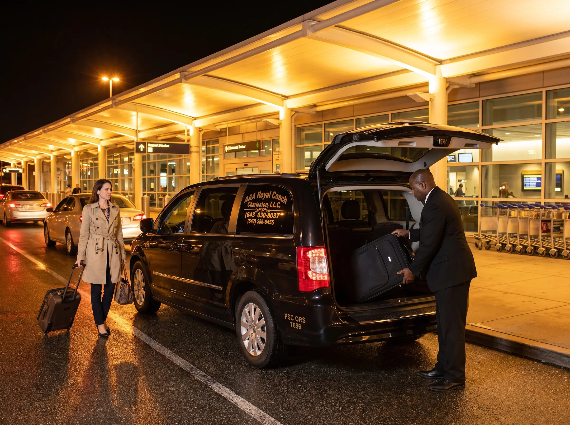 Chauffeur assisting a traveler with luggage after an evening arrival at CHS