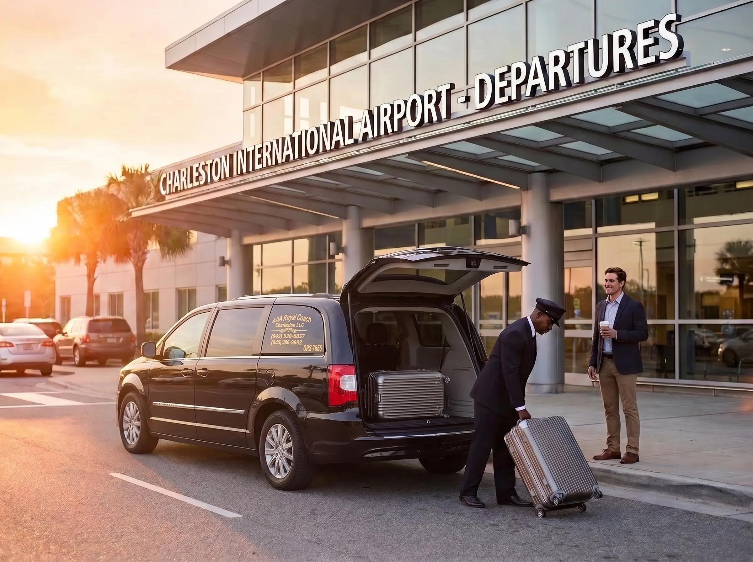 Luxury vehicle dropping off a traveler at Charleston International Airport departures at sunrise