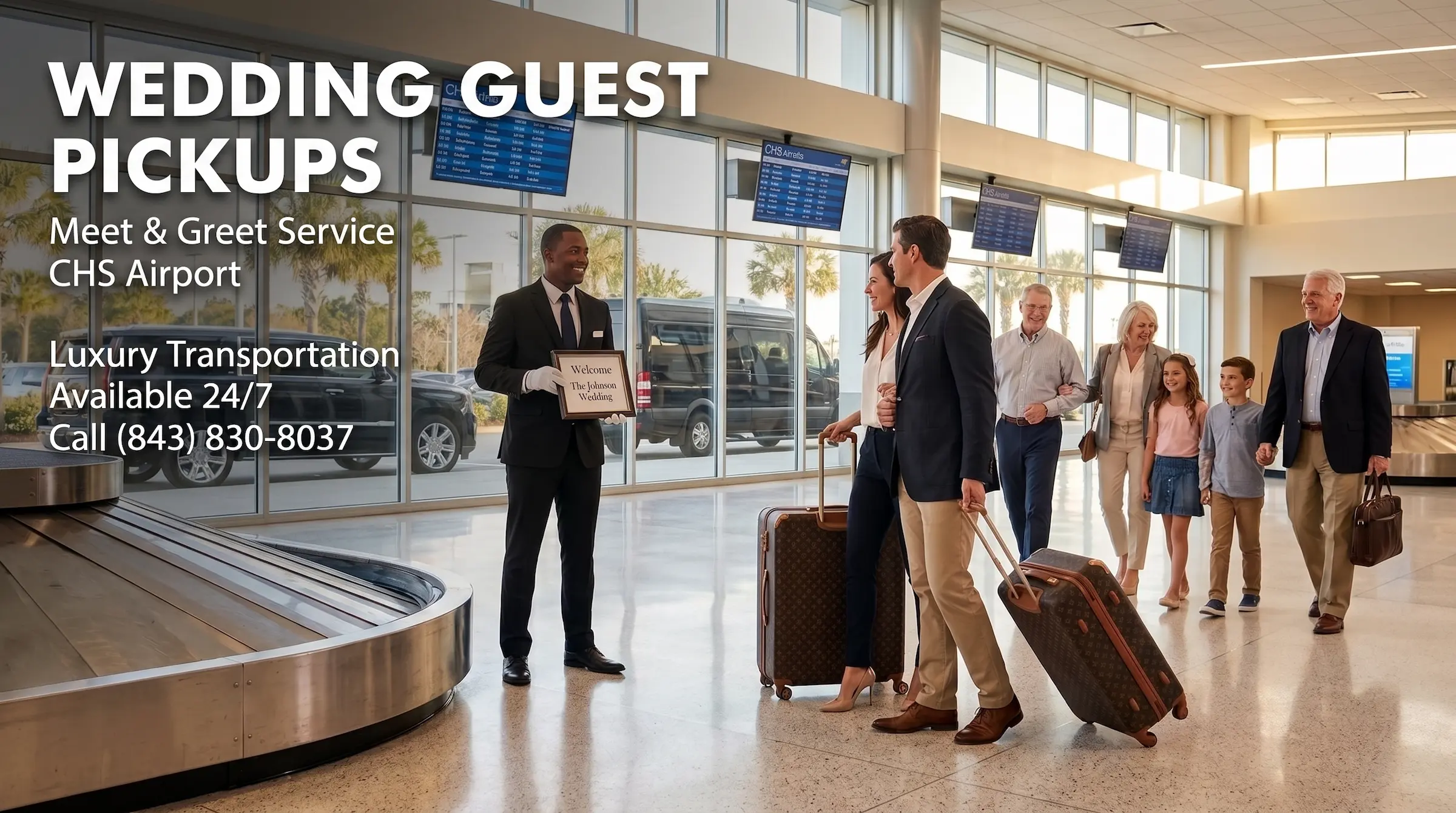 Chauffeur with name sign at Charleston Airport CHS baggage claim for wedding guests