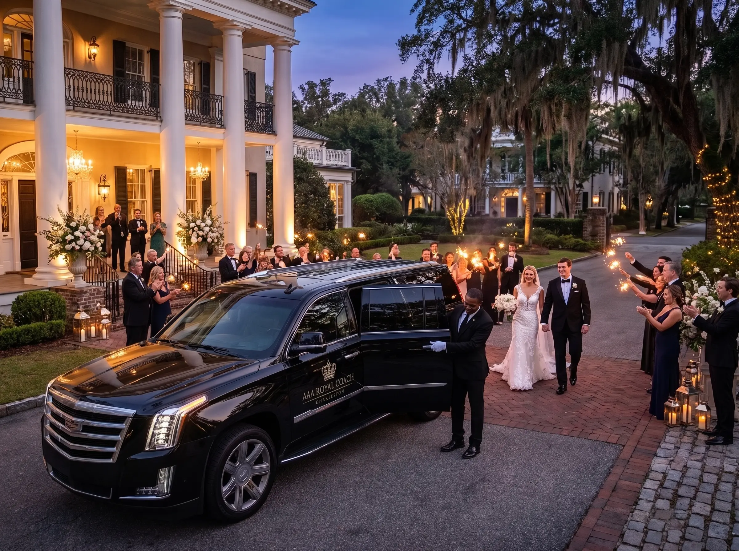 Bride and groom departing Charleston wedding reception in luxury vehicle