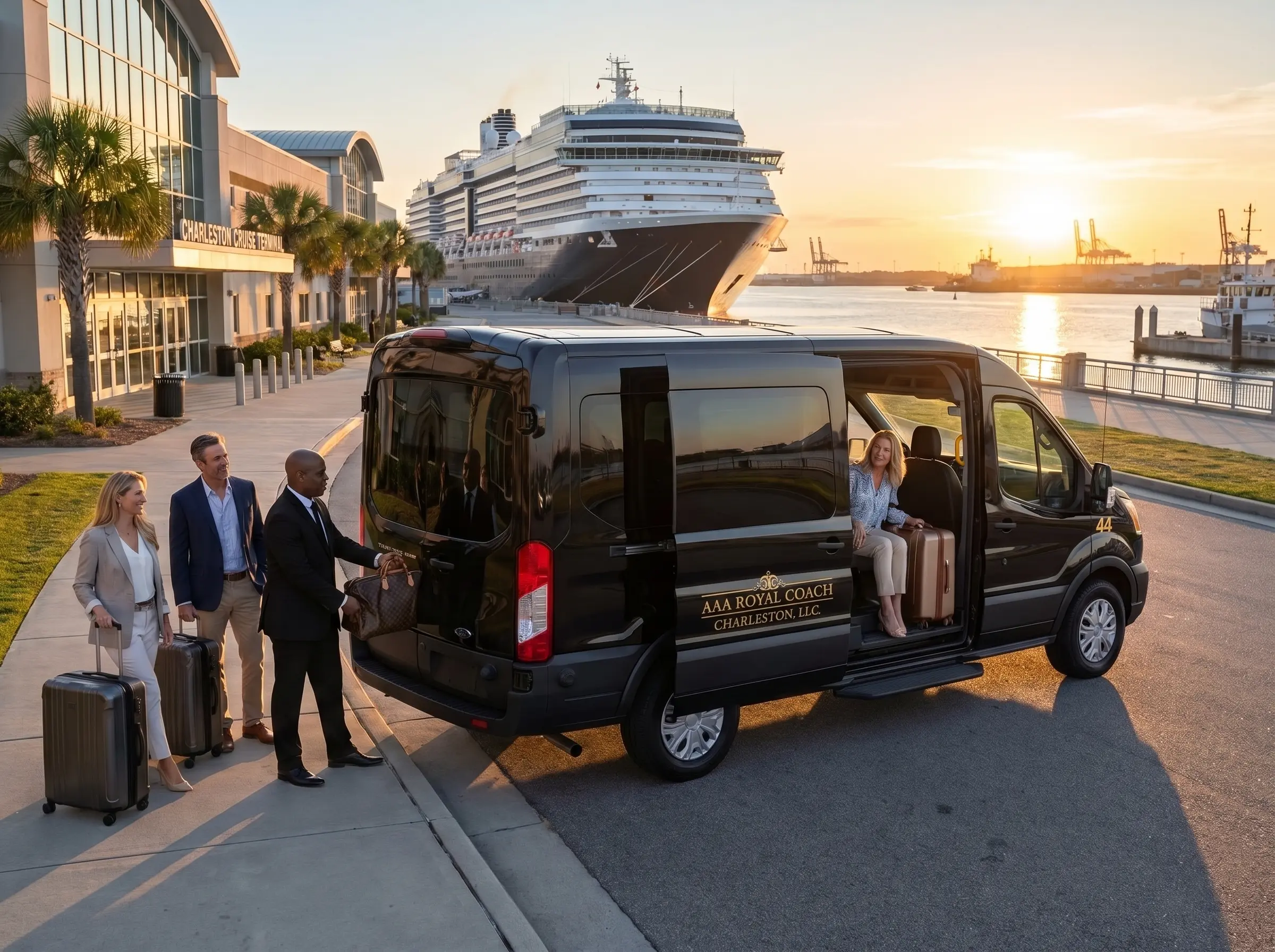 Vehicle transporting cruise passengers from the Charleston Cruise Terminal to the airport