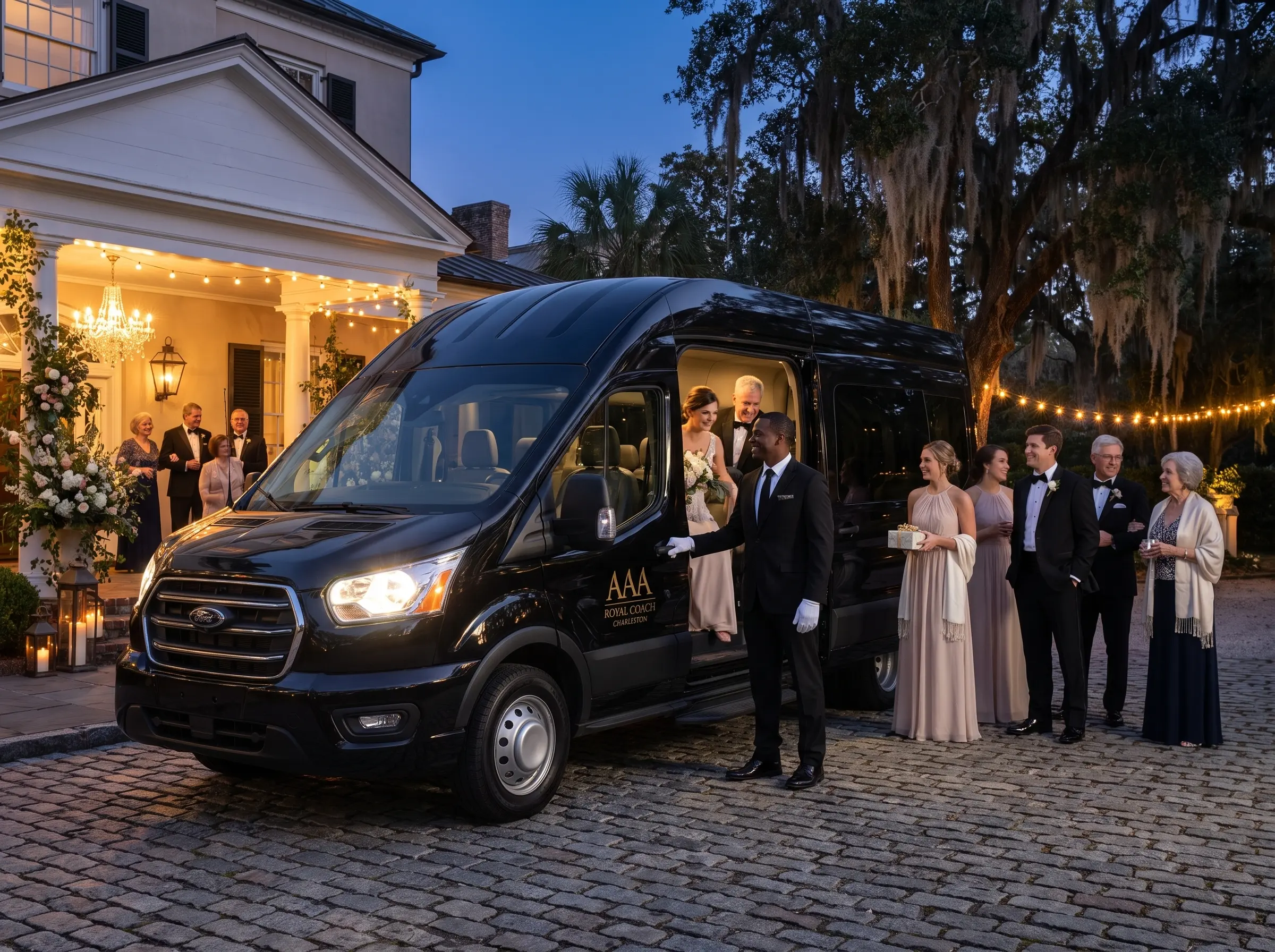 Ford Transit van outside Charleston wedding reception venue at night