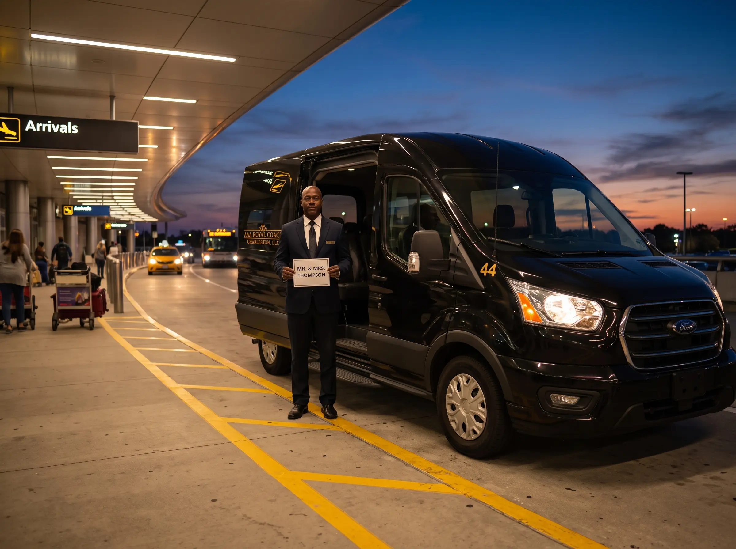Chauffeur waiting at Charleston International Airport arrivals after a delayed flight