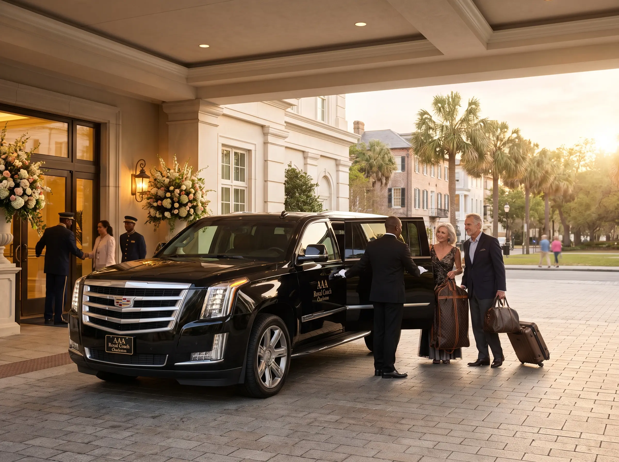 Cadillac Escalade outside Hotel Bennett Charleston for VIP wedding guest pickup