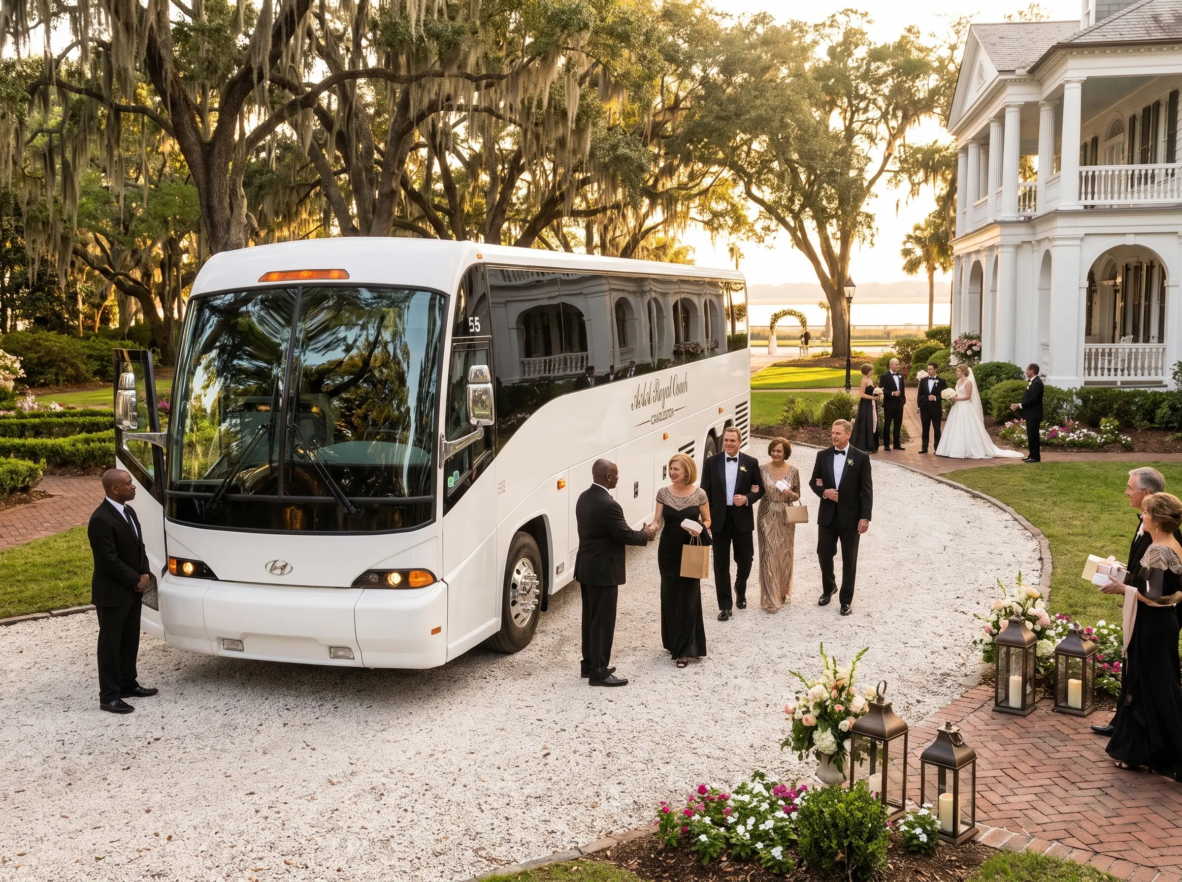 Luxury wedding shuttle service vehicle outside a historic Charleston SC wedding venue
