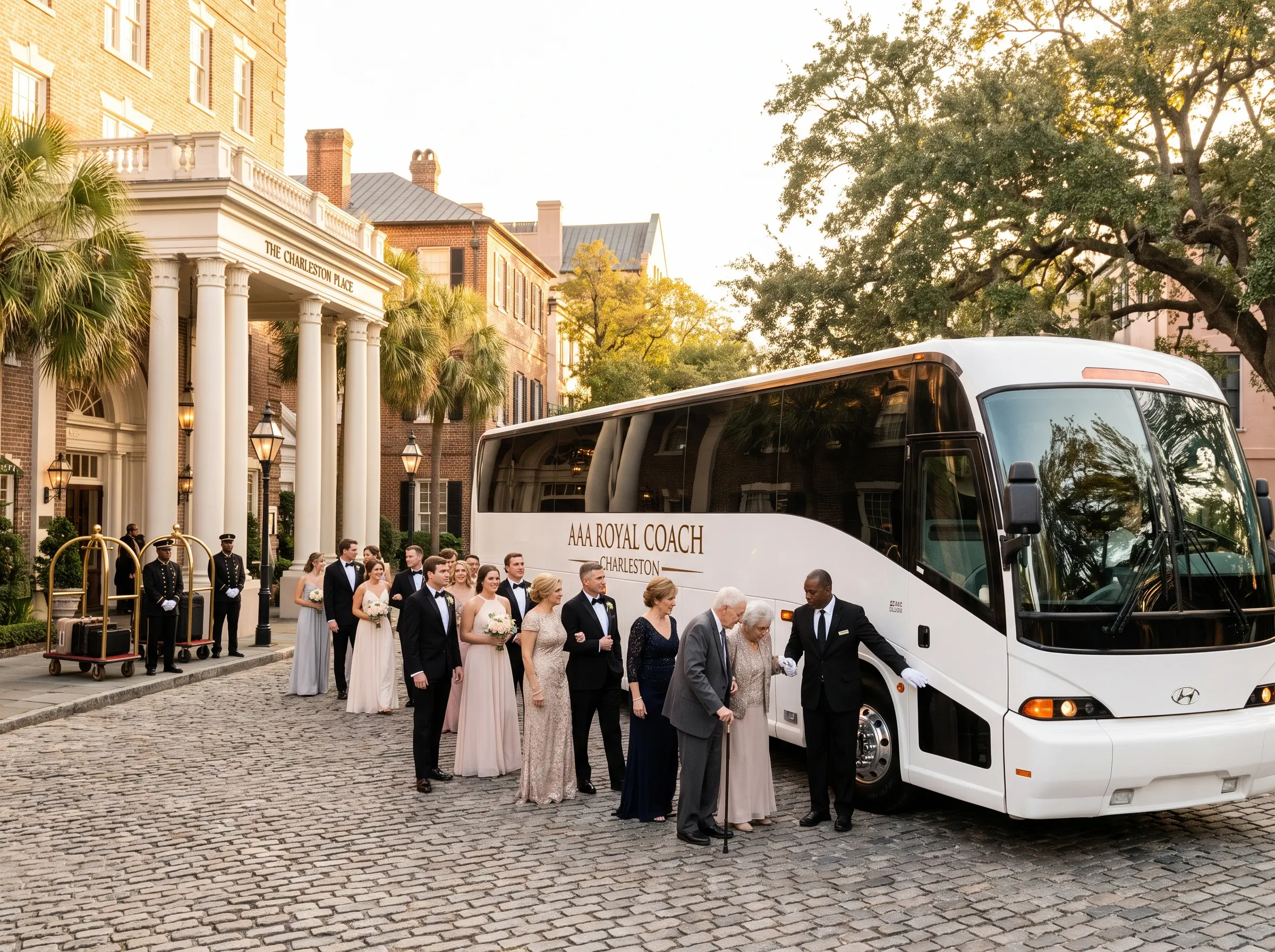 Wedding guests boarding a coach bus outside a downtown Charleston hotel