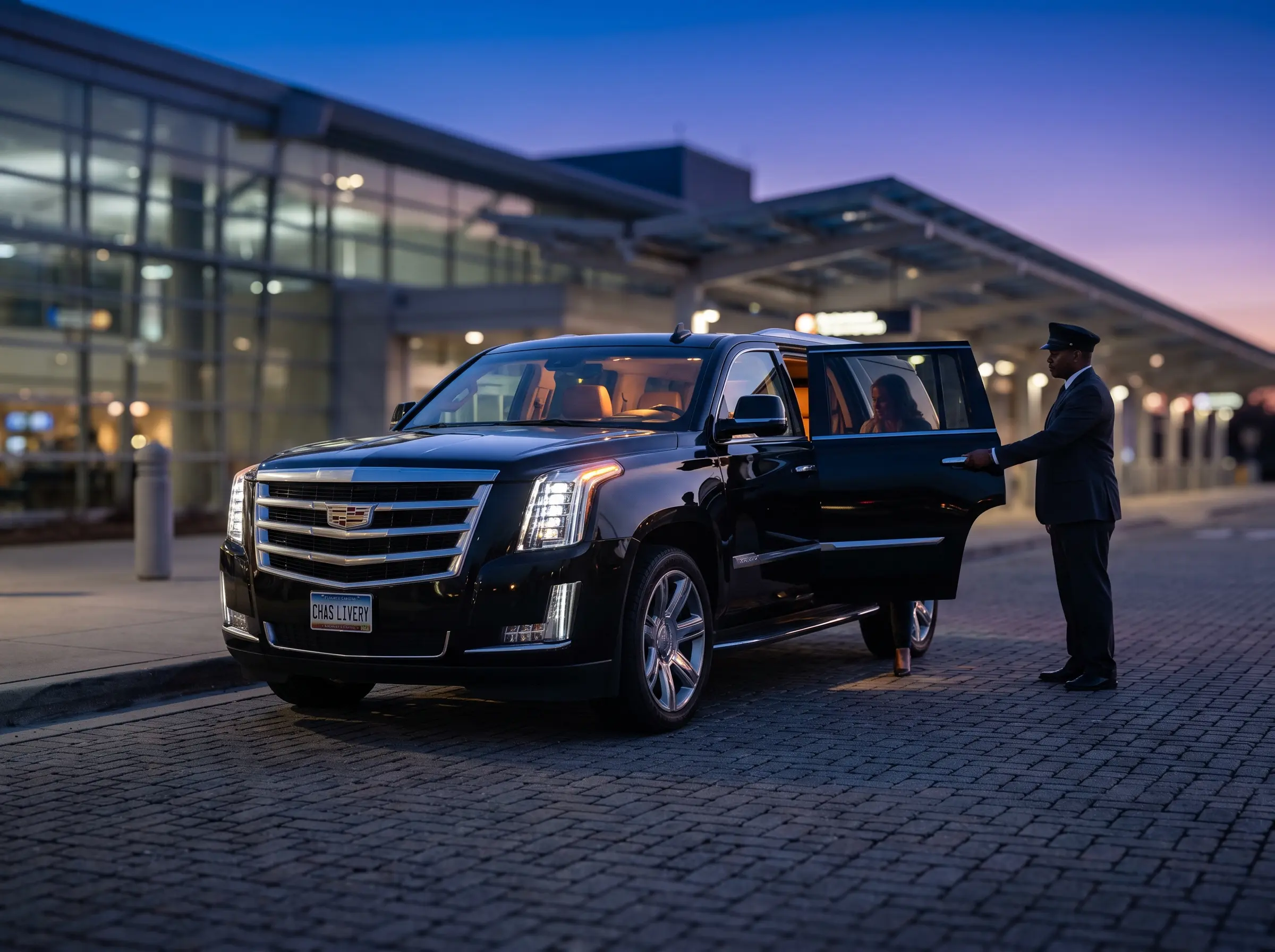 Early morning airport transportation vehicle serving Charleston International Airport (CHS) before sunrise
