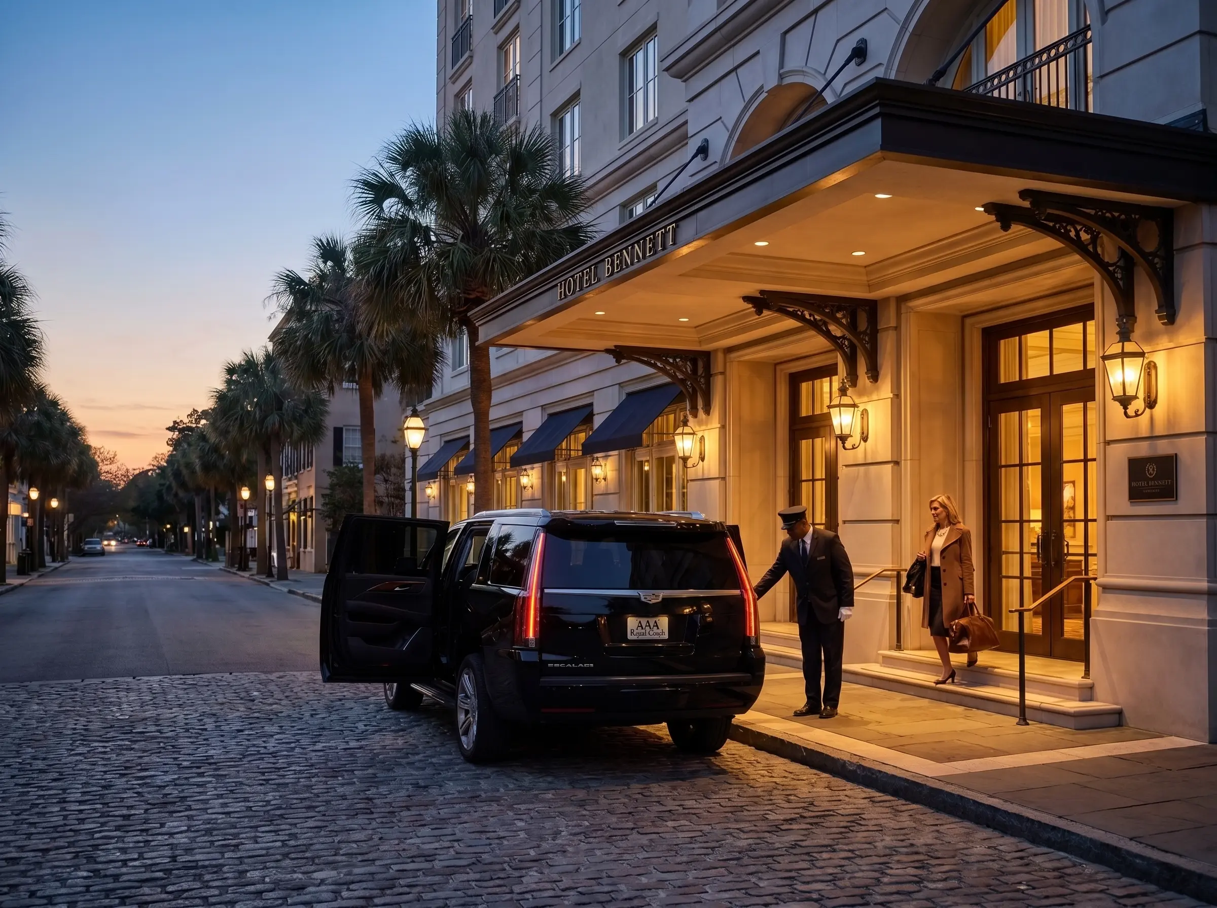 Chauffeured SUV outside a downtown Charleston hotel for an early morning airport pickup