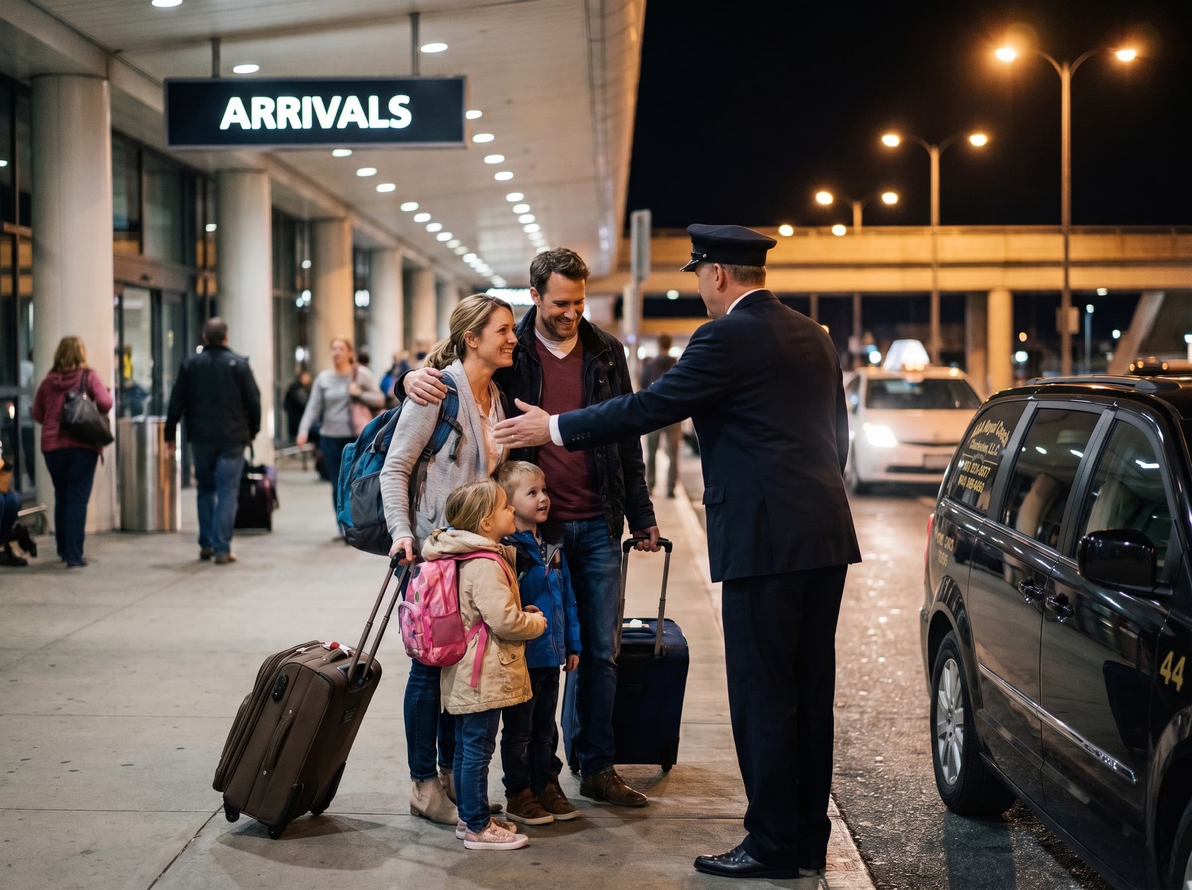 Family reunited with their chauffeur at CHS after a delayed flight arrival