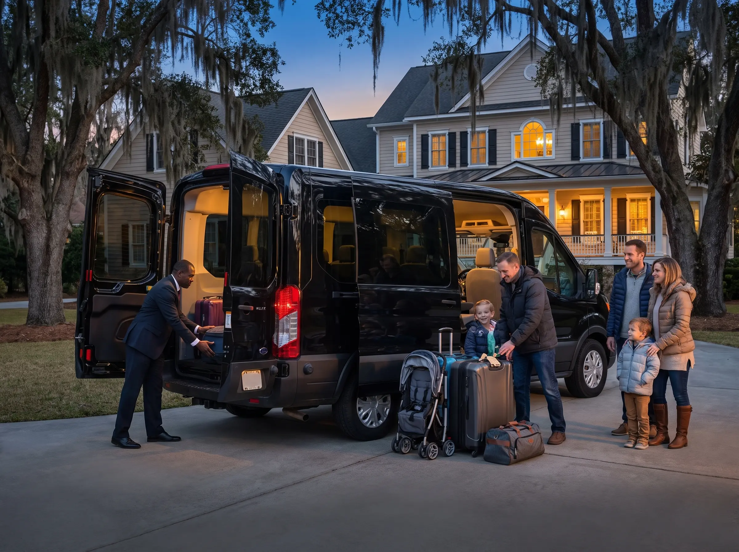 Chauffeur loading family luggage into a passenger van for an early morning Charleston airport run