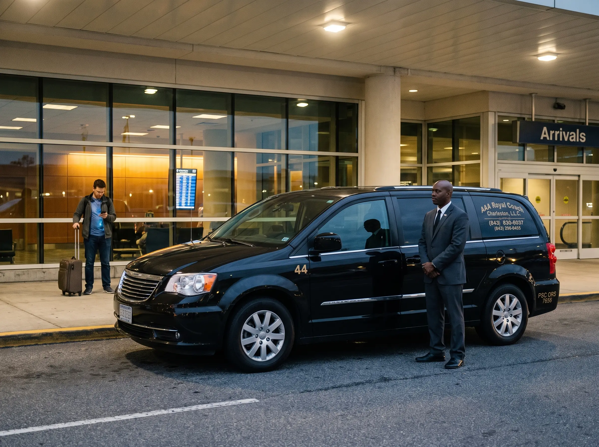Passenger checking flight status on a phone while a chauffeur waits nearby at CHS