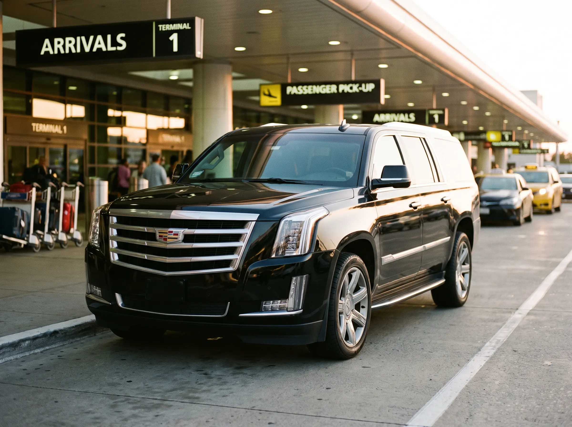 Luxury SUV waiting at Charleston International Airport arrivals curb
