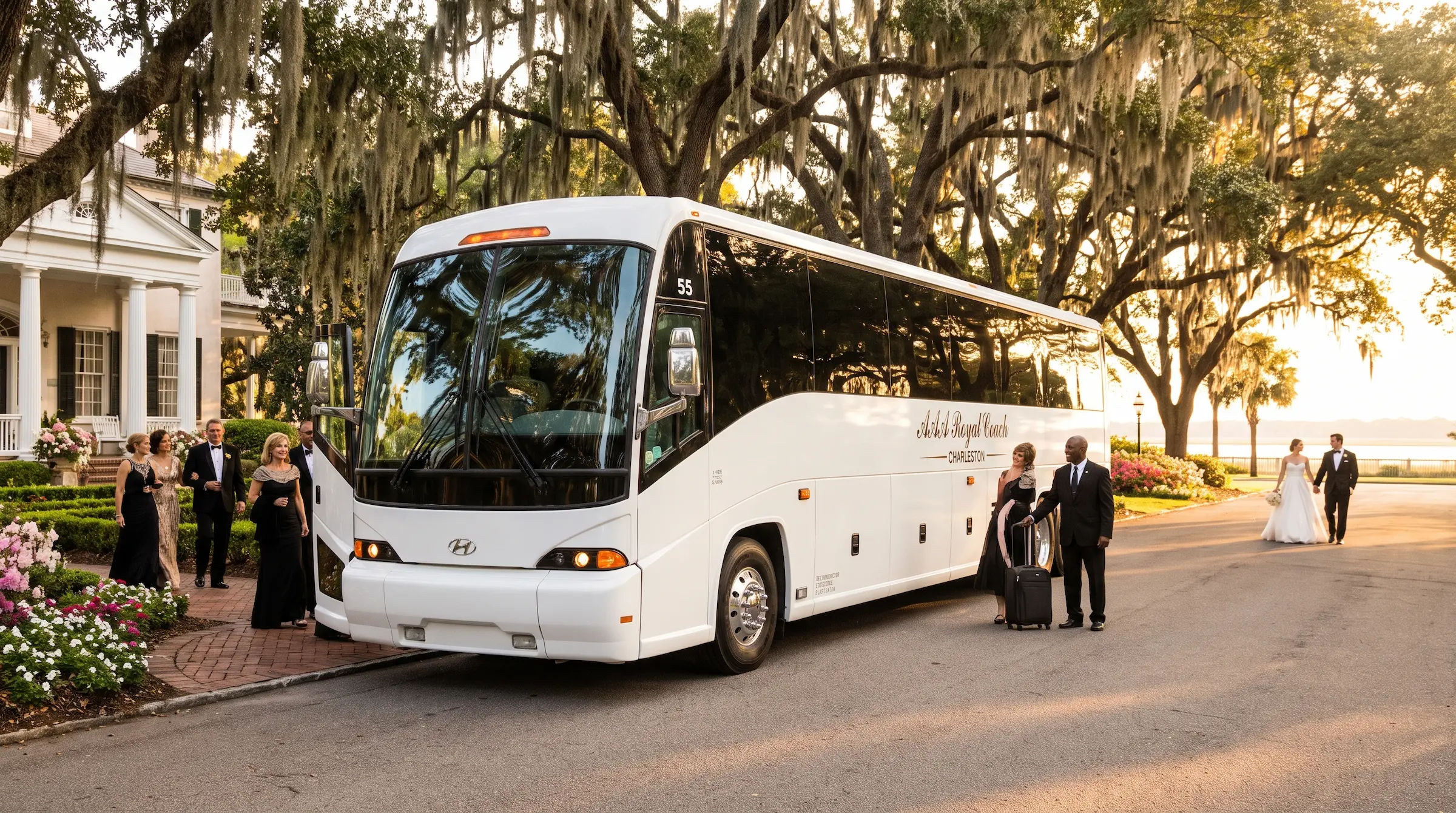 Wedding guest shuttle arriving at a Charleston SC wedding venue